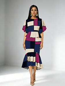 Conjunto de Dos Piezas Elegante Retro para Mujer Talla Grande - Magenta y Azul con Parches, Ropa Casual de Verano para Oficina y Ocasiones Formales - Product Image 4