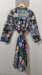 Bata Larga de Mujer con Diseño de Parches, Manga Tres Cuartos, Cuello Vuelto, Estilo Casual, Estampada, de Algodón Suave Tejido - Product Image 2