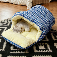 Lit pour chat en velours chaud toutes saisons, lit pour chien fermé avec tunnel, respirant et imperméable, lavable en machine