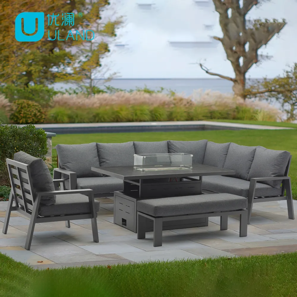 Uland Patio Tuin Tuinmeubilair Sets Met Vuurplaats Tafel Moderne Aluminium Sofa Waterdichte Sectionele Sofa Set