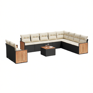 Conjunto de Sofás Modulares de Ratán PE Negro para Jardín, 10 Plazas, Muebles de Exterior de Diseño Contemporáneo con Paneles de Madera de Teca - Product Image 1