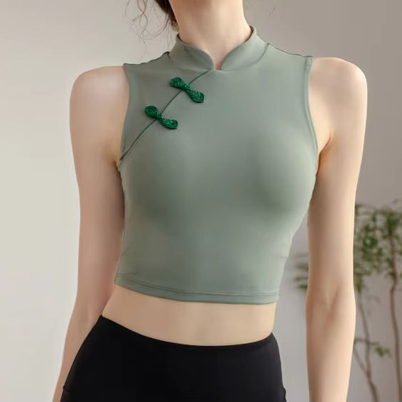 Custom Women's Mandarin Collar Yoga Crop Top Frog Button Detail Sleeveless Fitness Tank High Stretch Activewear
