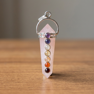 Carved Rose Quartz Chakra Pendulum with Seven Gemstone Inlays Portable Reiki Healing Tool - Product Image 3