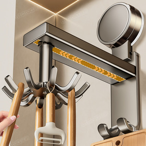 <b>Kitchen</b> Rotating <b>Hook</b> Storage Rack Wall Mounted Punch Free Suction Cup For Pots Pans Utensils Spear Gray Polished Finish - Product Image 1