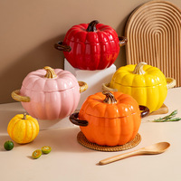 Cuenco de cerámica de forma moderna con tapa Vajilla en forma de calabaza de Otoño de cerámica creativa Cuencos de 800ml con dos asas
