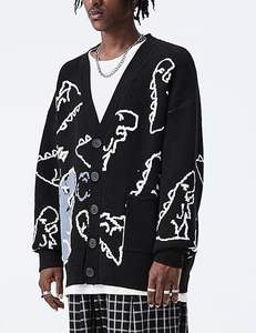 Chemise à manches jacquard dinosaure 100% coton Cardigan à manches longues pour hommes Pull à col en V confortable et ample - Product Image 2