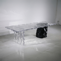 Table à manger rectangulaire moderne en résine époxy transparente à effet d'ondulation d'eau, style Wabi Sabi, pieds asymétriques, mobilier commercial durable