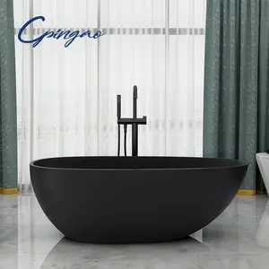 Luxury Freestanding Stone Bath Tub Solid Surface Stone Resin Bathtub Matte Black Popular Stone Oval Bathtub For Adult