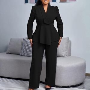<span class=keywords><strong>Conjunto</strong></span> de señora de oficina nuevo temperamento de moda elegante OL <span class=keywords><strong>Formal</strong></span> <span class=keywords><strong>conjunto</strong></span> de <span class=keywords><strong>mujer</strong></span> Top con volantes y pantalones de pierna ancha moda más traje - Product Image 2