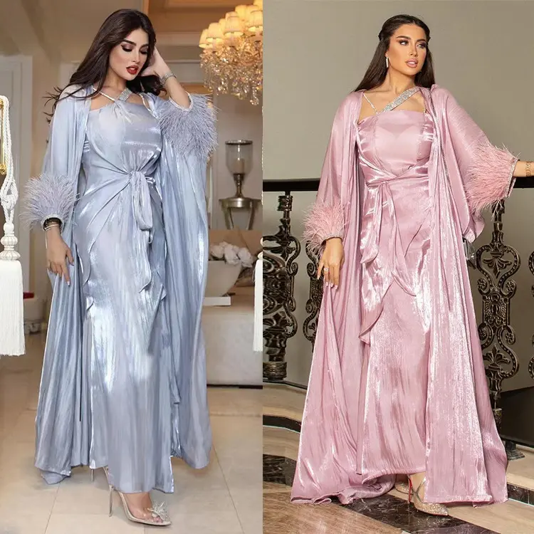 Dernières robes de soirée islamiques turques en satin de luxe avec diamant Ensemble 3 pièces Robe maxi pour femmes musulmanes ensemble Abaya avec plumes