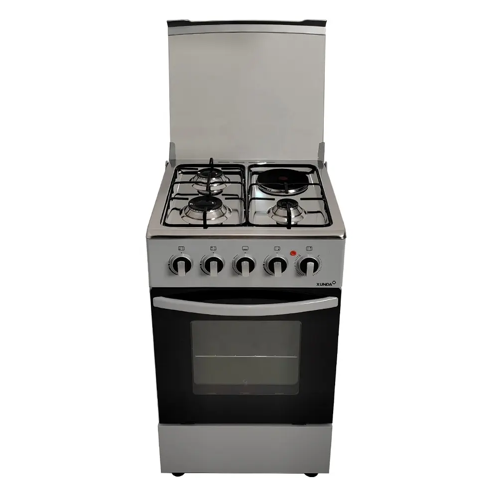 Xunda Gas Cooker 3 Burner Ranges And 1 Electric Hot Plate Stove With Built-In Pizza Oven