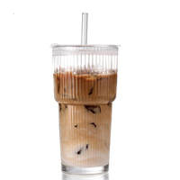 Gobelet de voyage moderne unisexe en verre avec couvercle et paille – Design portable pour les fêtes, rayures verticales