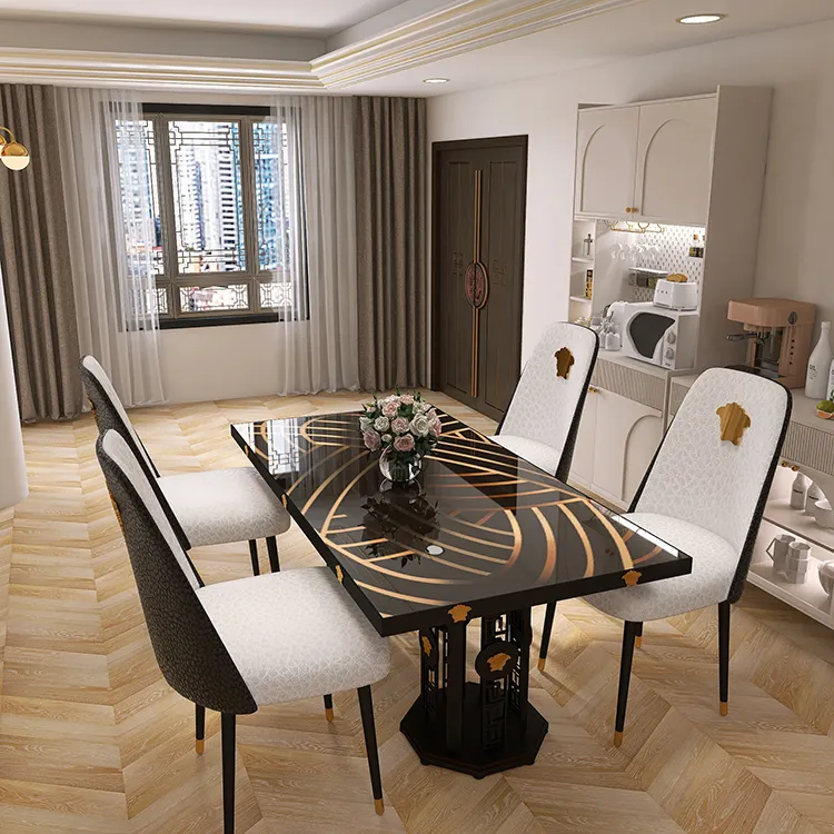 Springlegroup personalizado hotel clássico porcelana sinterizado pedra mesa de jantar designer moderno luxo ouro preto jantar mesa