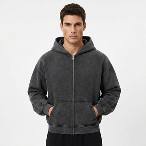 Sudadera con capucha vintage con cremallera, gris carbón, lavado ácido, para hombre, oversize, de algodón grueso con forro polar, logo frontal, ropa de calle de invierno - Product Image 1