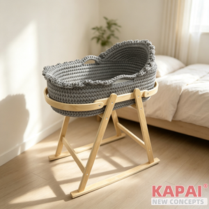 <strong>Grey</strong> Hand Woven Baby Bassinet <strong>Moses</strong> <strong>Basket</strong>, Rockable Wooden Stand, Portable Newborn Sleeping Cradle - Product Image 5