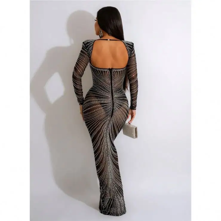 Luxury Gilding Mesh Perspective Gowns For Women Evening Dresses Long Sleeve Backless Rhinestone Dress Gown For Party