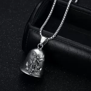 Acier Inoxydable Punk St.Michael Angel Exorcist Moto Cloche Pendentif Collier Croix Gardien Biker Gremlin Cloche pour Hommes Femmes - Product Image 3