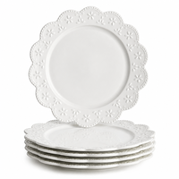 Service de table en céramique vintage français à bord festonné et gaufré, assiettes et bols en porcelaine blanche avec logo personnalisé, vente en gros directe d'usine