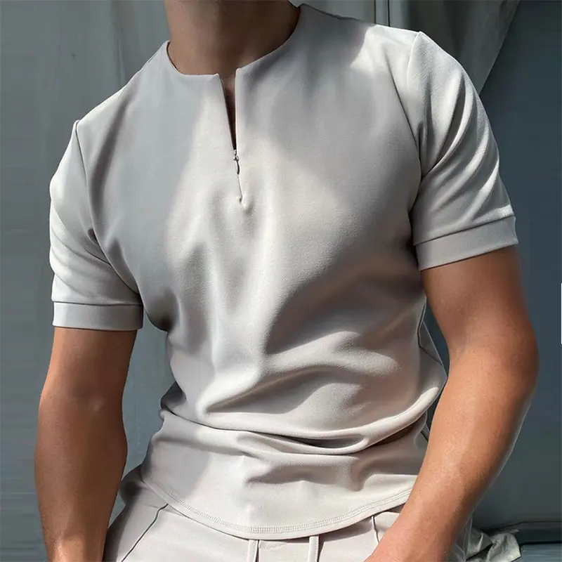 Polo brodé personnalisé à la mode pour homme, col de baseball, zip devant, uni