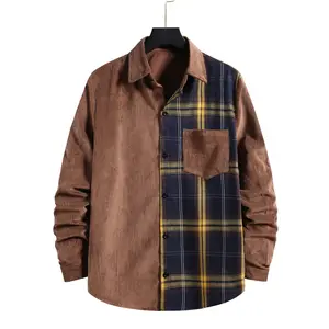 2023 Nieuwe Ontwerp Lange Mouw Geruit Shirts Half Print Corduroy Shirt Custom Kaki Geruit Flanel Geruit Shirt Voor Mannen