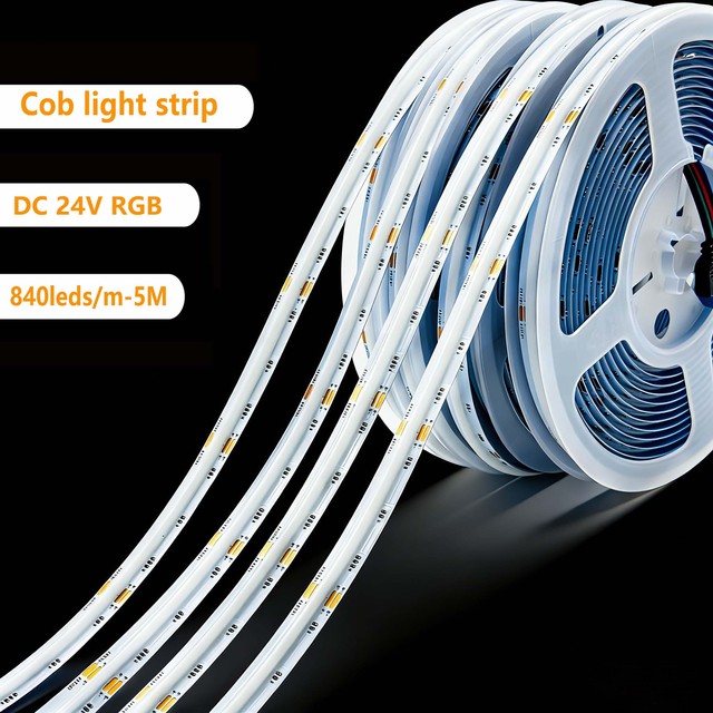 Dimmable Color 24V RGB COB LED Strip 576 840 LEDs/m, 5m 10m Roll 12mm Flexible Cuttable for Home Commercial Decoration Lighting