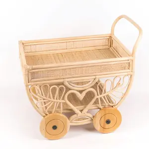 Children's Rattan Afternoon Tea and Snacks Cart Trolley For Doll Wicker Basket for Home Organizing Wholesale Supplier