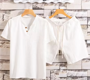 Liu Ming yeni kore moda bahar yaz erkekler rahat düz renk takım elbise pamuk keten 2 parça kısa kollu T Shirt şort takımı - Product Image 6