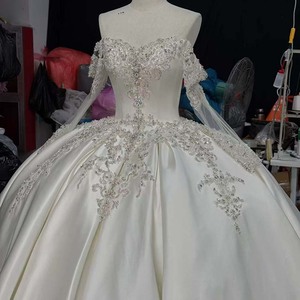 Vestido de Novia Romántico Jancember Hz034, Color Marfil, Hombros Descubiertos, Adornado con Cuentas de Cristal, Manga Corta, Cintura Ajustada, Satén Duquesa, Estilo Princesa - Product Image 2