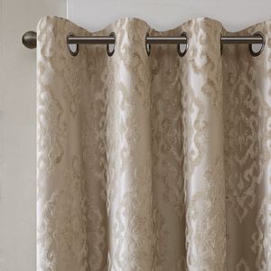Paire de rideaux jacquard damassé tricotés à œillets intégraux et 2 cantonnières de fenêtre, couleur noire - Product Image 5