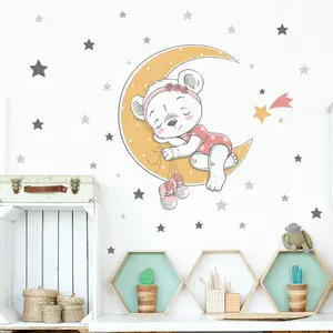 Uyku ayı Hippo ay yıldız karikatür duvar kağıdı sıcak çocuk yatak odası duvar çıkartması çocuk oturma odası dekoratif çıkartmalar