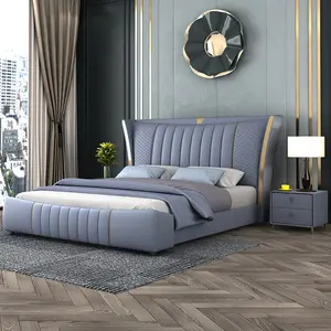 最新デザイン寝室用家具シングルダブルクイーンキングサイズモダン高級イタリアンレザーベッド収納付き