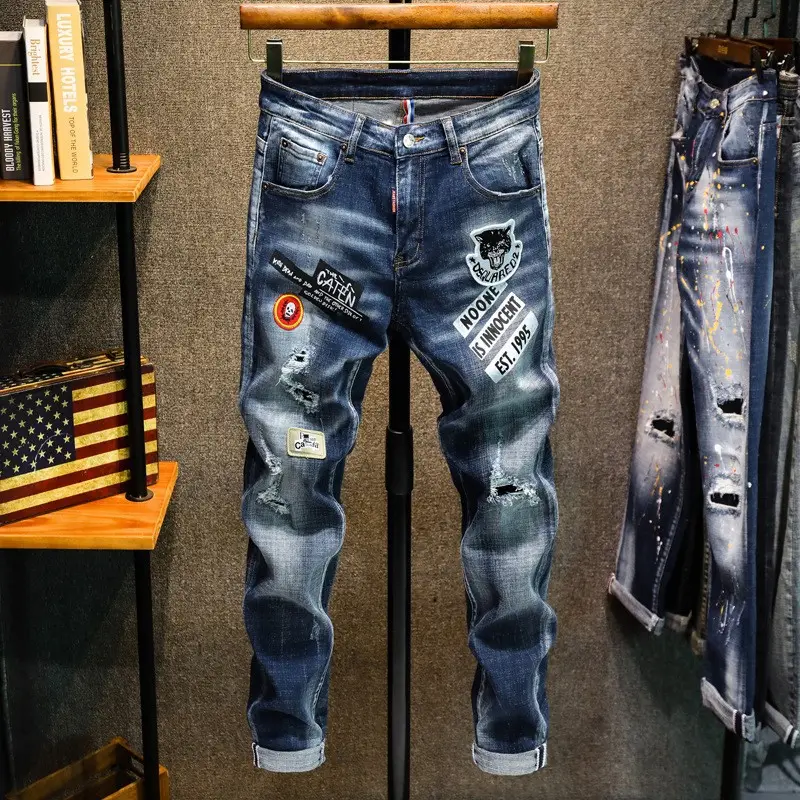 Aeemdenim Logo personalizzato OEM originale elastico slim-fit più scimmie dipinte a mano patch stampa distintivo jeans strappati da uomo