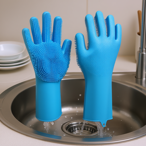 Gants de lavage de vaisselle en silicone magique, résistants à la chaleur, imperméables, pour le nettoyage de la cuisine avec éponge, bleu, épaisseur moyenne - Product Image 2