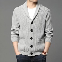 Herren Verdickter Knopf-Cardigan mit Schalkragen V-Ausschnitt Einfarbig Knitterfrei Lässige Strickware für Herbst Winter