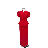Nouvelle Collection Printemps/Été 2027 : Ensemble Jupe Fendue Ajustée et Veste Courte à Col V Boutonnée Manches Courtes – Tenue de Bureau pour Femme