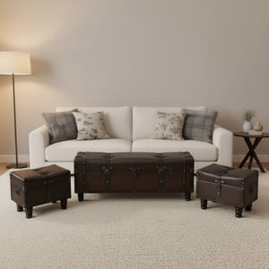 Set di 3 Panche Contenitore in Legno Massello Marrone Scuro e Ecopelle per Soggiorno - Product Image 2