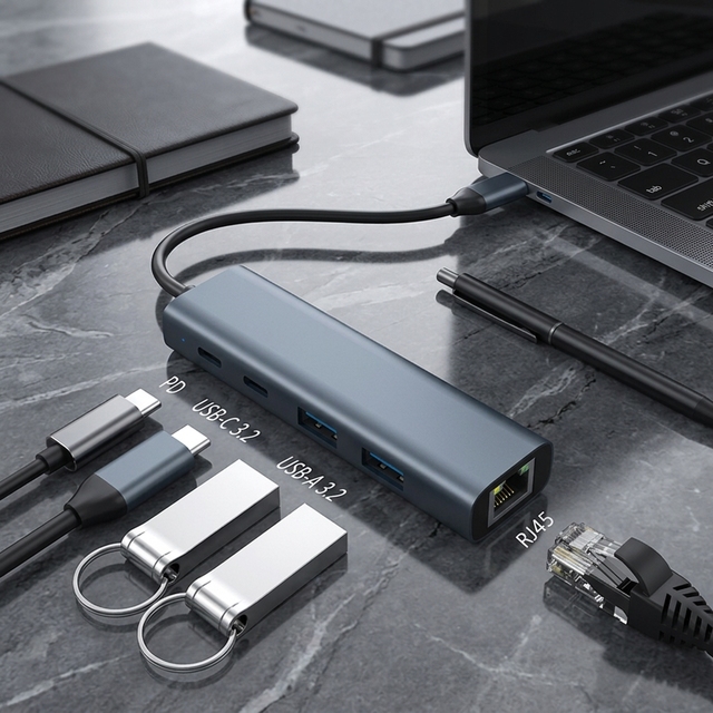 5 Ports USB-C Hub Aluminum Customize Logo PD 100W 4K USB 3.2 Docking Station Laptop PC