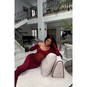 Burgundy A-Line Long Evening <b>Dress</b> Front Transparent Detail Floor-Length Decorative <b>Pearls</b> Flowers Feathers for Formal Party - Product Image 3