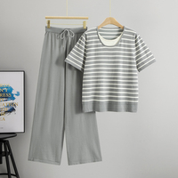 Ensemble Femme T-shirt Tricoté Ample Rayé et Pantalon Couleur Unie Nouvelle Collection Été 2026 – Vente en Gros pour Boutiques