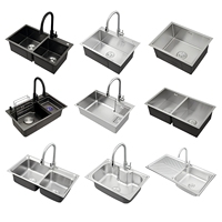 Évier de cuisine en acier inoxydable 304 noir, gris et argenté, double bac, avec accessoires de robinetterie et égouttoir, design moderne, couleur personnalisable, OEM ODM