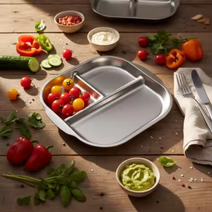 <span class=keywords><strong>Assiette</strong></span> carrée <span class=keywords><strong>pour</strong></span> enfants en acier inoxydable poli, trois compartiments, motif de dessin animé, écologique, moderne - Product Image 1