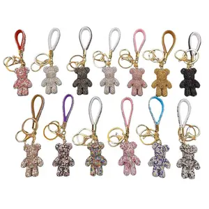 Großhandel handgemachte süße Tier Glitter Bling Harz Gummi Leder Mini Kleinwagen Teddybär Schlüssel bund mit Diamanten