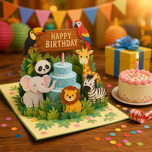 Carte de vœux d'anniversaire personnalisée en 3D avec animaux, carte en papier faite à la main pour les enfants, cadeau pour fête d'enfants - Product Image 2