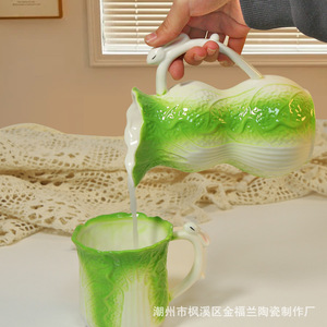 Pot à lait en céramique Creative Relief Cabbage avec poignée lapin mignon, cadeau original, carafe à crème - Product Image 3