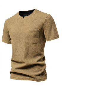T-shirt personnalisé pour homme en maille gaufrée avec poche, 100 % coton, manches courtes, col roulé, décontracté, uni, coupe classique, écologique, respirant - Product Image 5