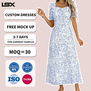 Vestido <span class=keywords><strong>de</strong></span> Verano Personalizado para Mujer, Manga Corta Abullonada, Estampado Floral, Fruncido, con Abertura Alta, Largo Maxi, <span class=keywords><strong>Vestidos</strong></span> Casuales <span class=keywords><strong>de</strong></span> <span class=keywords><strong>Fiesta</strong></span> - Product Image 1