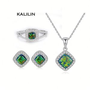 Ensemble de bijoux en argent sterling 925 avec opale, collier, boucles d'oreilles et bague géométriques taille princesse, bijoux fins classiques pour femmes, pour mariage - Product Image 1
