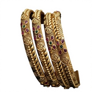 Radiant <b>Gold</b> Plated Traditional Fashion <b>Bangles</b> <b>Set</b> With Zircon Stones Flower Pattern Ethnic Wedding Wear For Women - Product Image 2