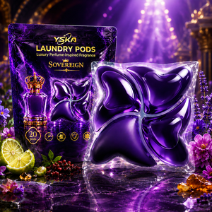 Faible MOQ, capsules de <span class=keywords><strong>lessive</strong></span> parfumées haut de gamme de 20g avec design multi-chambres violet pour les boutiques en ligne et la vente en supermarché - Product Image 1