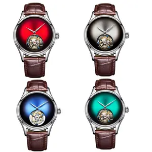 Brown Leather Strap Watch Silver Luxury Watch OEM Green/Blue/Red/Grey Gradient Leopard Eyes Dial Tourbillon Watch